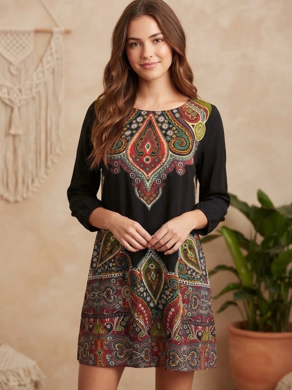 Black Paisley Print Shift Dress -